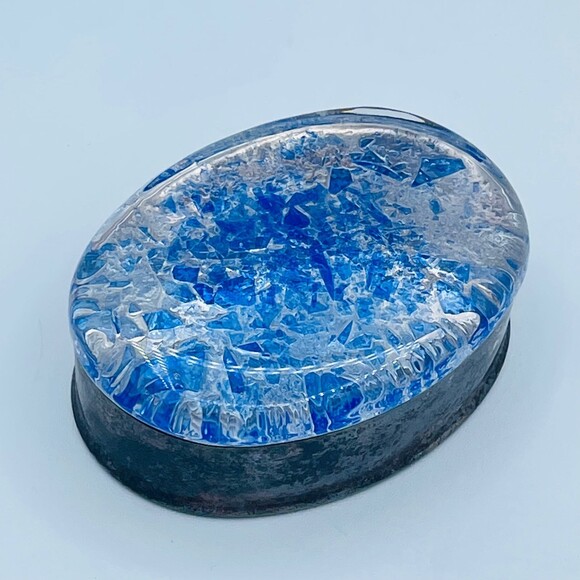 Vintage Oval Shaped Decorative Glass w/ Blue & Silver Accents Silver-Plated Base - Picture 11 of 11